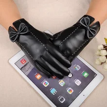 Элегантные короткие женские промытая кожа полный палец Сенсорный экран перчатки женские зимние плюс бархат утолщение теплый спортивный костюм с галстуком-бабочкой перчатки L50
