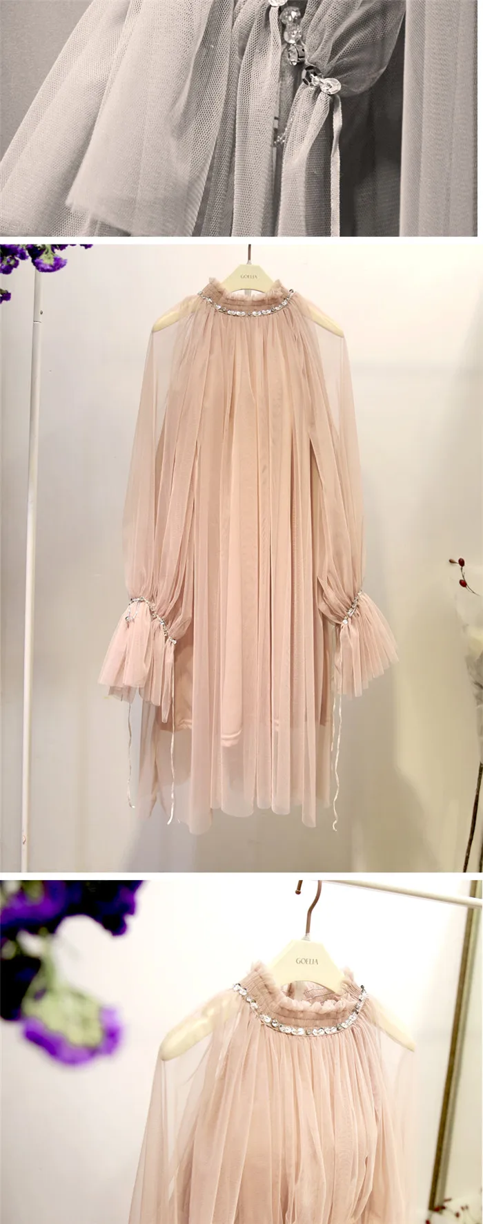 Кружевное Сетчатое платье со стоячим воротником и рукавами-пузырьками, милое летнее платье с блестками, новинка, женские платья, фатиновое платье, vestidos robe Femme