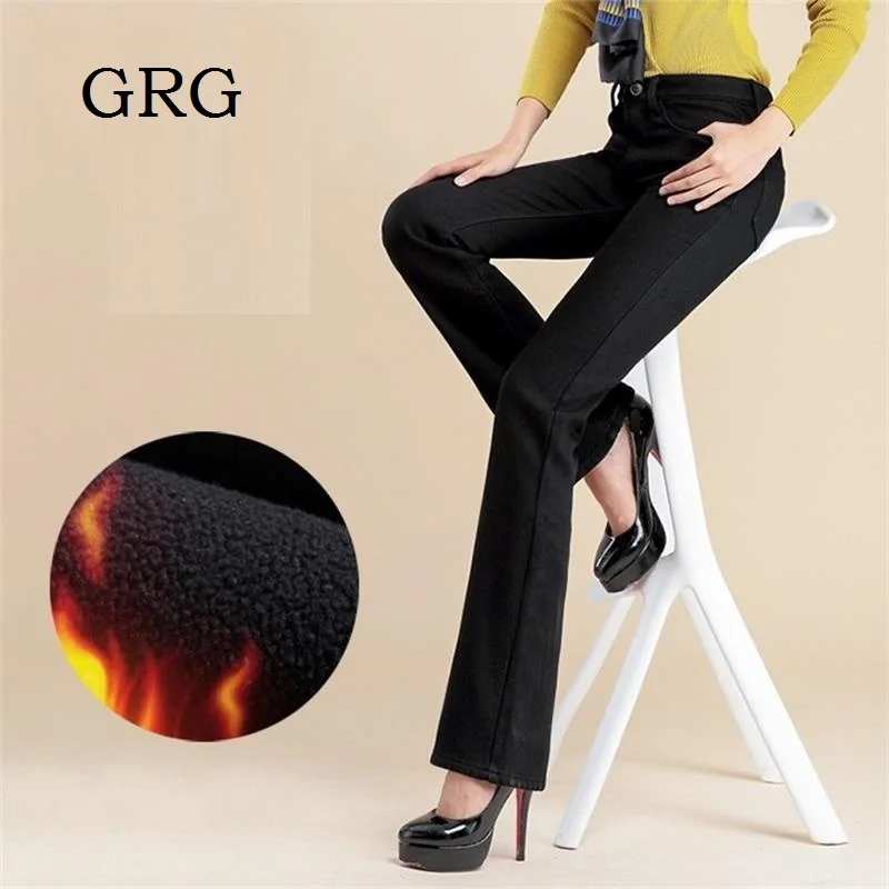 

Free Shipping High Quality Women Winter Plus Velvet Boot Cut Jeans Girls Color Black Bell-bottom trousers Flares Pants