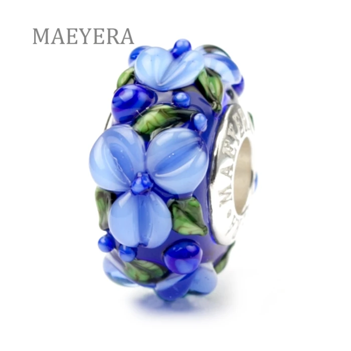 

MAEYERA 100% 925 Sterling Silver Lampwork Beads Blue Stereo Petals Murano Glass Beads Fit European Charm Bracelet Jewelry 920165