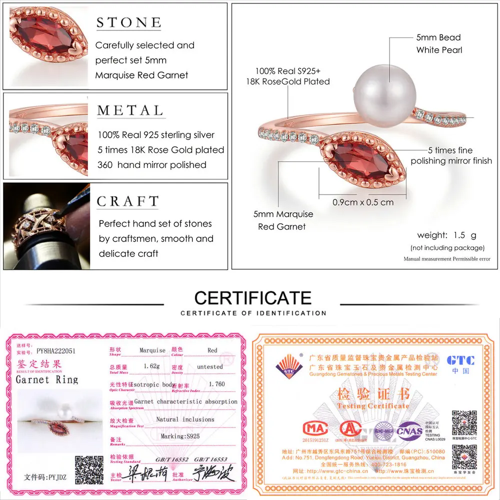 LAMOON Natural Red Garnet Freshwater Pearl 925 Sterling Silver Jewelry Wedding Ring with S925 For Women LMRI048