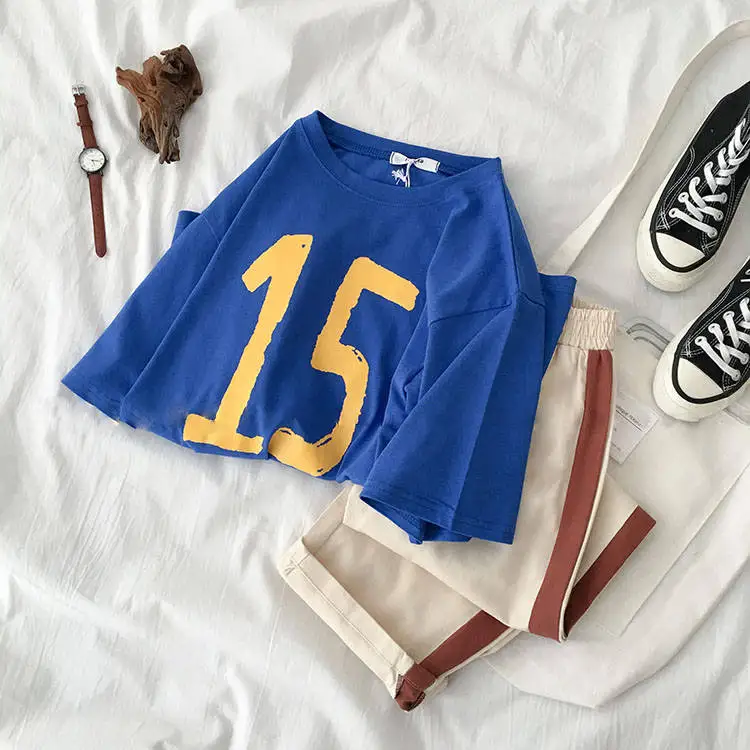 

2019 Set female students summer new Korean print short-sleeved t-shirt + casual long pants