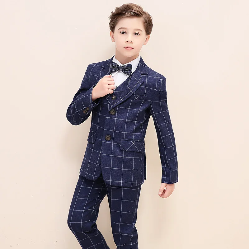 Boys Plaid Blazer Vest Pants 3pcs Tuxedo Kids Flower Boys Formal Suits