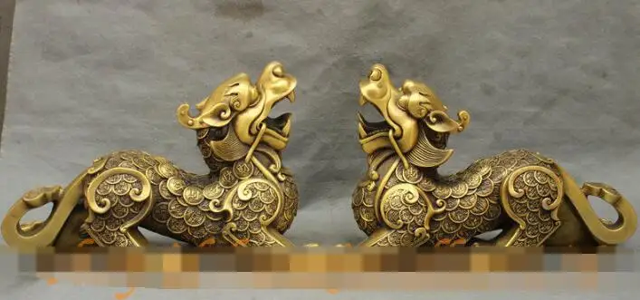 

S01150 16" Chinese FengShui Pure Bronze RuYi Wealth Coin PiXiu Lion Unicorn Statue Pair B0403