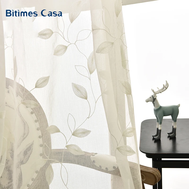 

3D Embroidery Leaves Pattern Windows Screen Tull Voile For Livning Room Bedroom Linen White Color Non-toxic Home Decoration