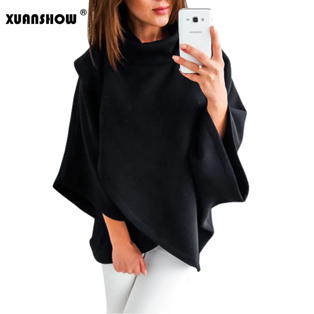  XUANSHOW Fleece Hoodies Women Warm Turtleneck Irregular Pullovers Solid Flare Sleeve Casual Sweatsh