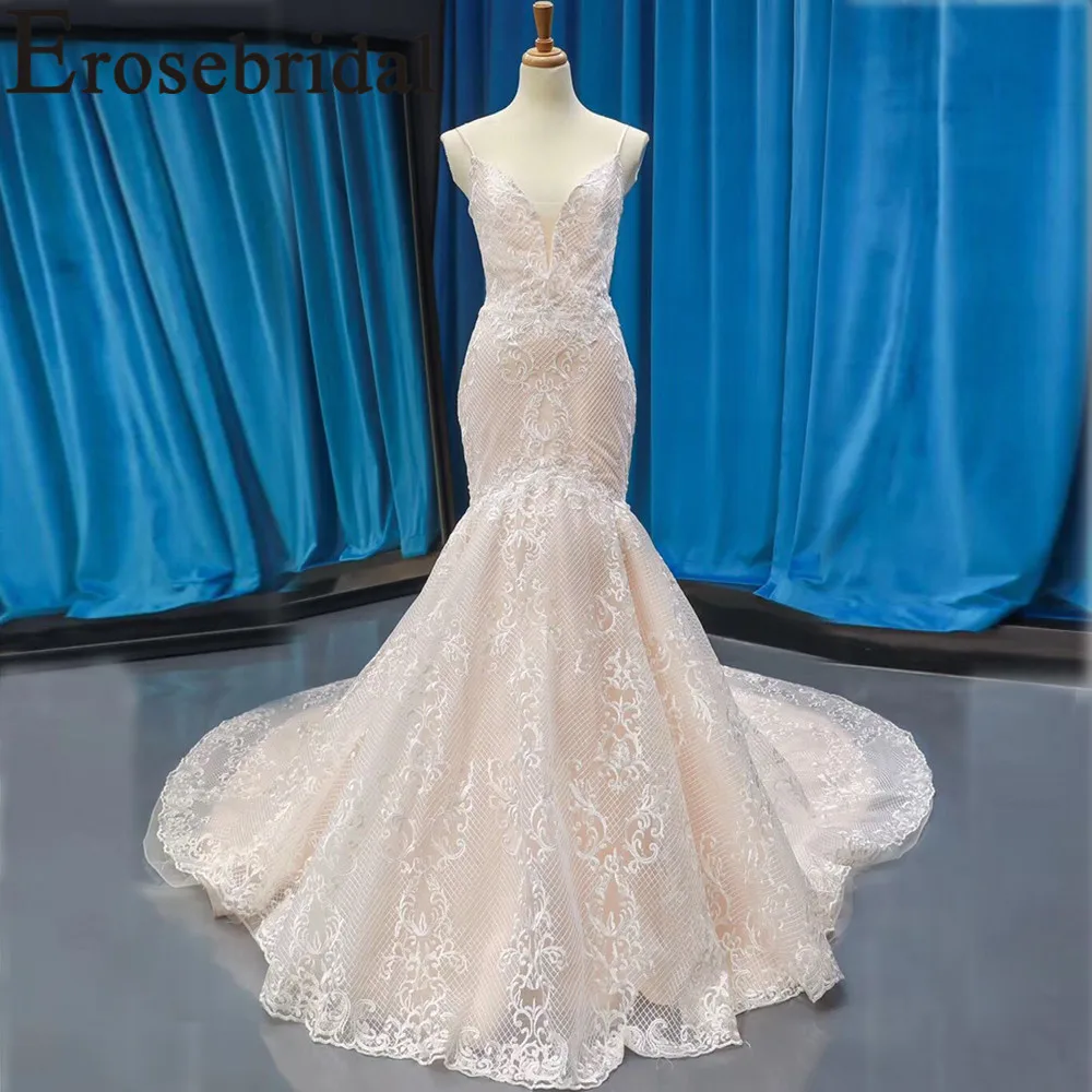

Spaghetti Straps Wedding Dress with Lace Appliques Mermaid Lace up Court Train Illusion Back Bridal Gown vestito sposa
