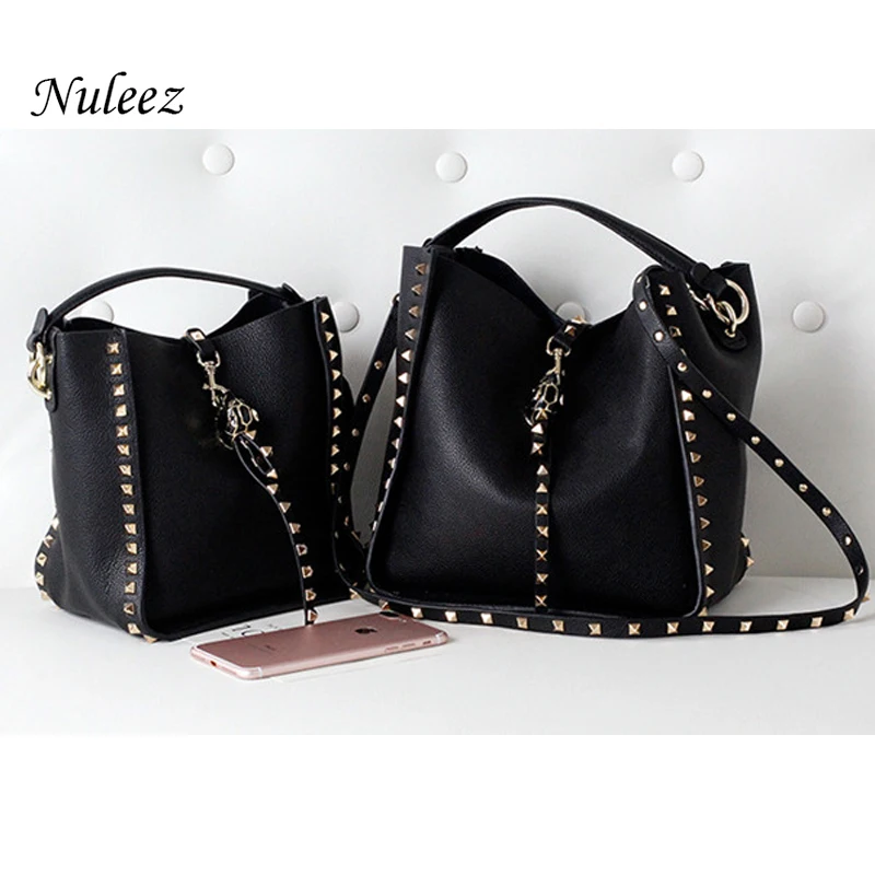 

Nuleez Genuine Cowhide Leather Bag Women Two Straps Rivet Decoration Fashion Cool Big purse 2019 new