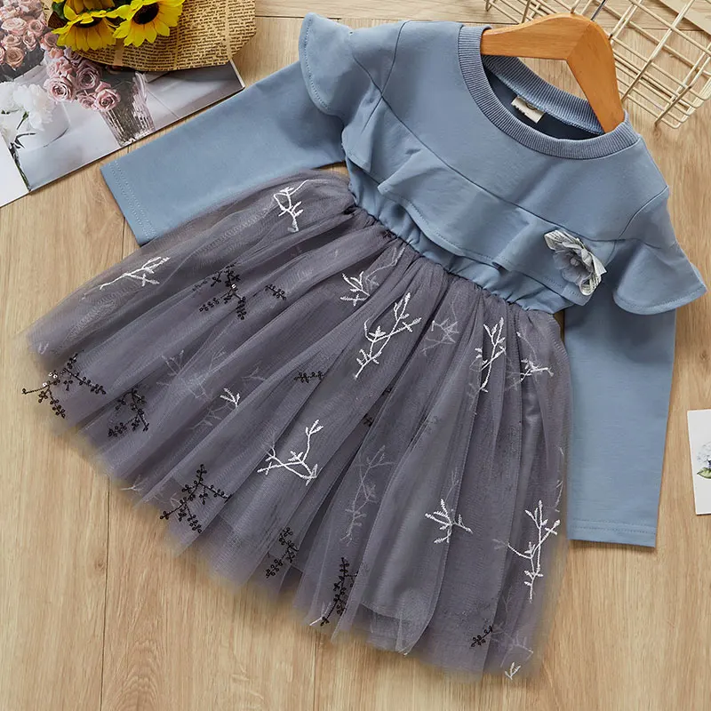 

New 2019 Girls Dress Autumn Kids Clothes Long Sleeve round neck Girl Clothes Lace Solid Party Dress Openwork Kid Princess Dress