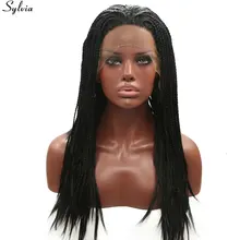 Sylvia# 1B черный плетеный косички синтетические кружева спереди парик термостойкие волосы длинные натуральные микро плетеные парики для черных женщин