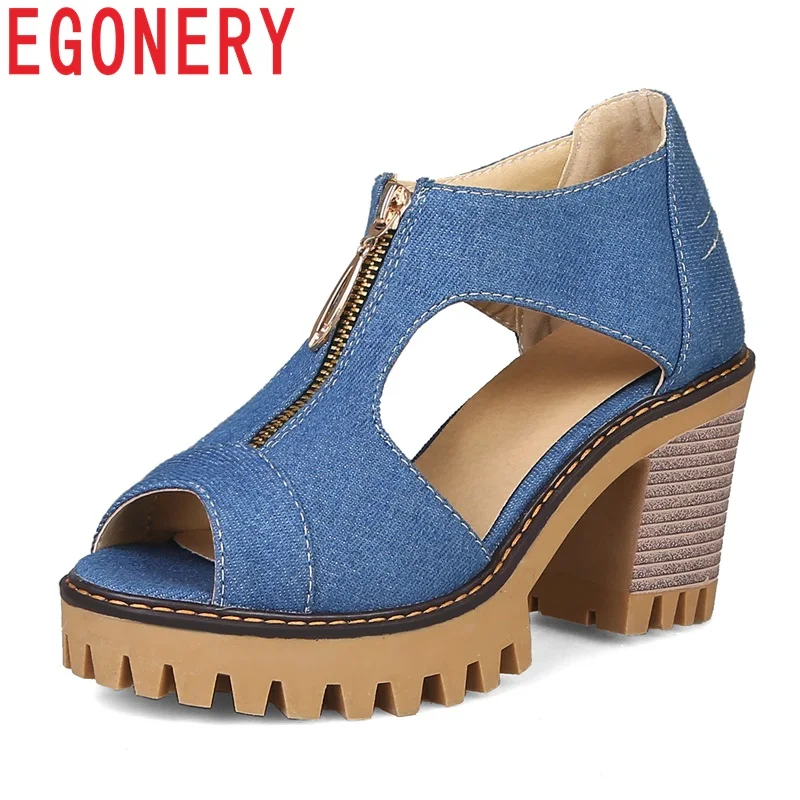 

EGONERY drop shopping Denim women's Sandals summer student girl Solid blue 7cm High heels Platform Wedges shoes plus size 33-43