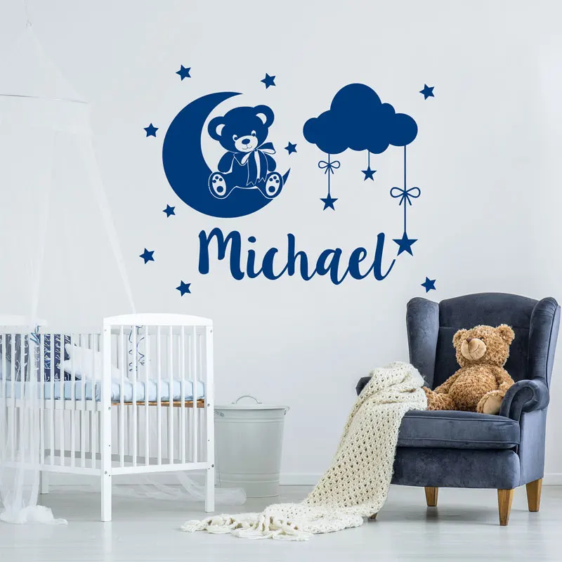 

Personalized Boys Name Wall Decals Teddy Bear Vinyl Home Decor Kids Room Nursery Stickers Month Stars Custom Name Clouds 3N03