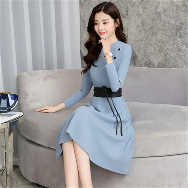 Шикарное трикотажное платье в стиле ретро с высоким воротником для женщин, весна-осень, новое женское корейское приталенное платье с длинным рукавом и поясом, жилет - Цвет: gray blue Z358