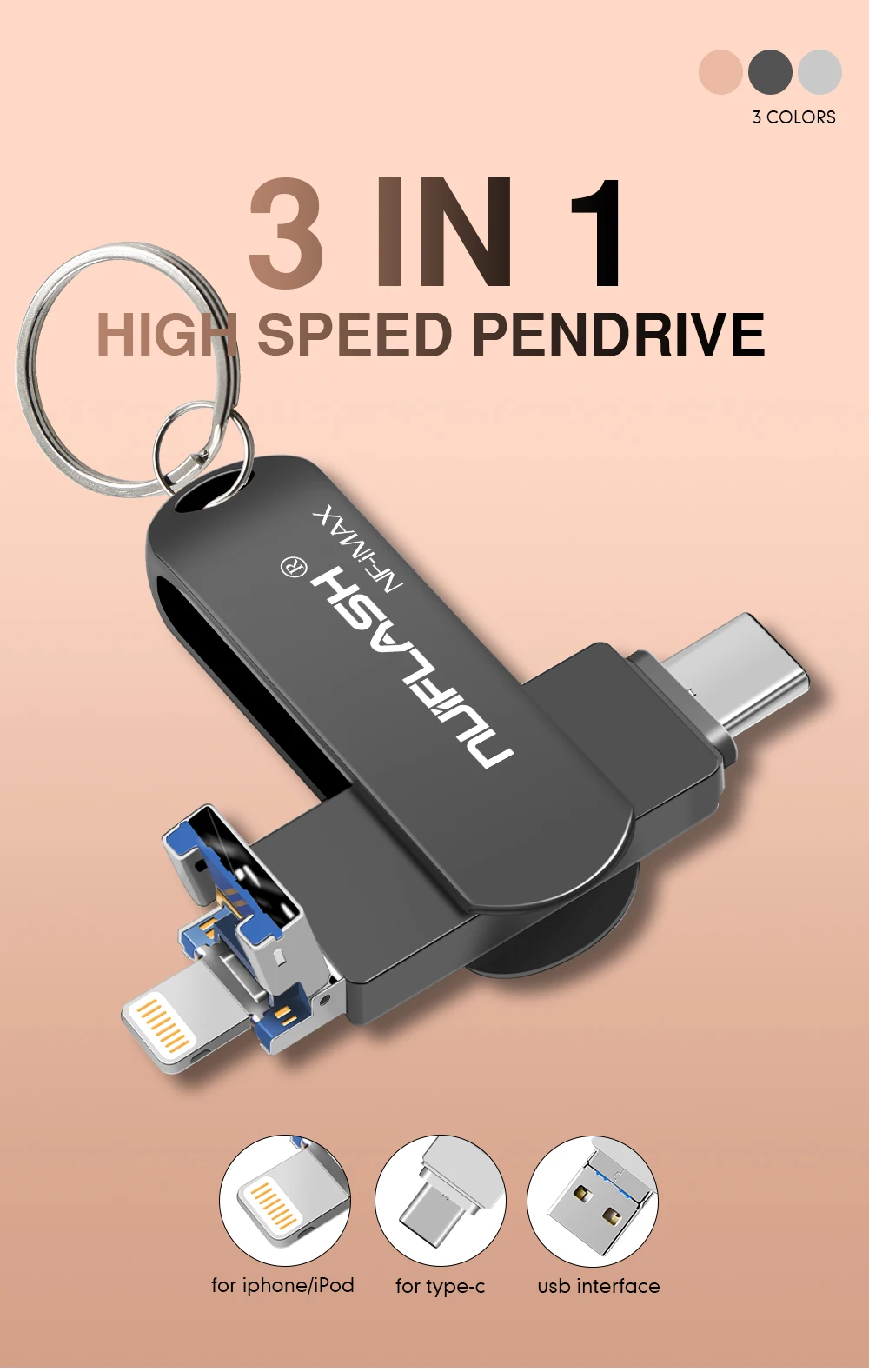 Nuiflash 3 в 1 USB флеш-накопитель для iPhone X/8/7/7plus/6/6s/5 ipad металлическая Флешка HD Memory Stick 8G 16G 32G 64G 128GFlash Driver