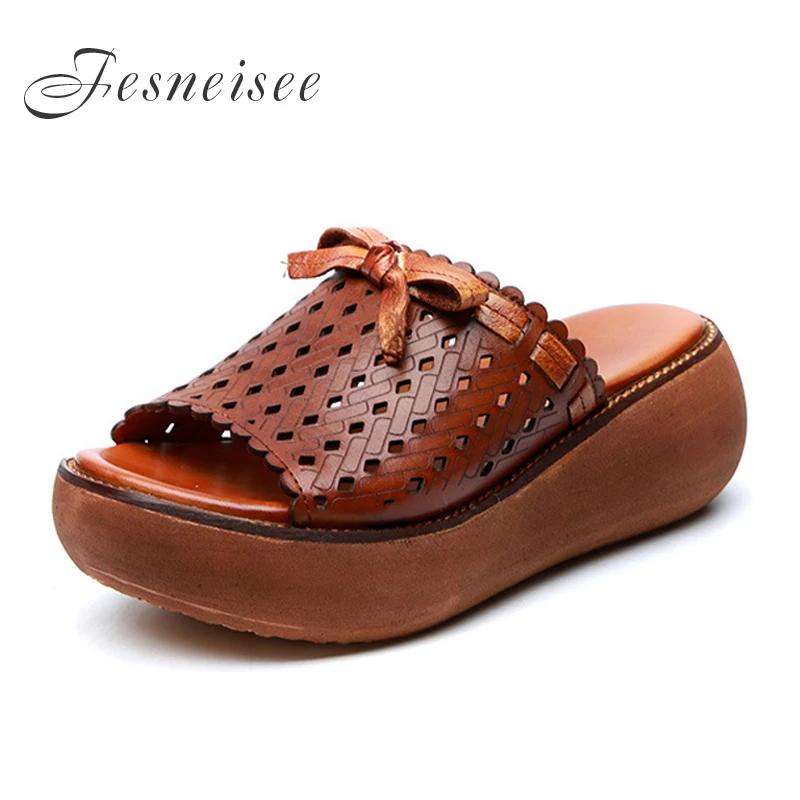 

2019 New Genuine Leather Women Slippers Platform Casual Bow Retro Women Sippers Open Toe Sandals Hollow Out Handmade Slippers