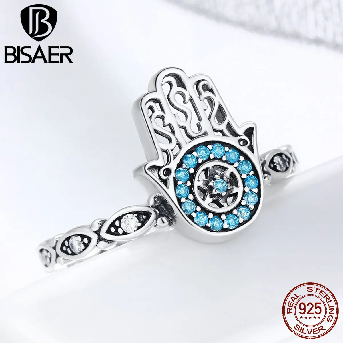 BISAER 925 пробы Серебряное кольцо с голубым глазом Anel Hamsa для женщин, винтажное обручальное кольцо Fatima, ювелирные изделия ECR369