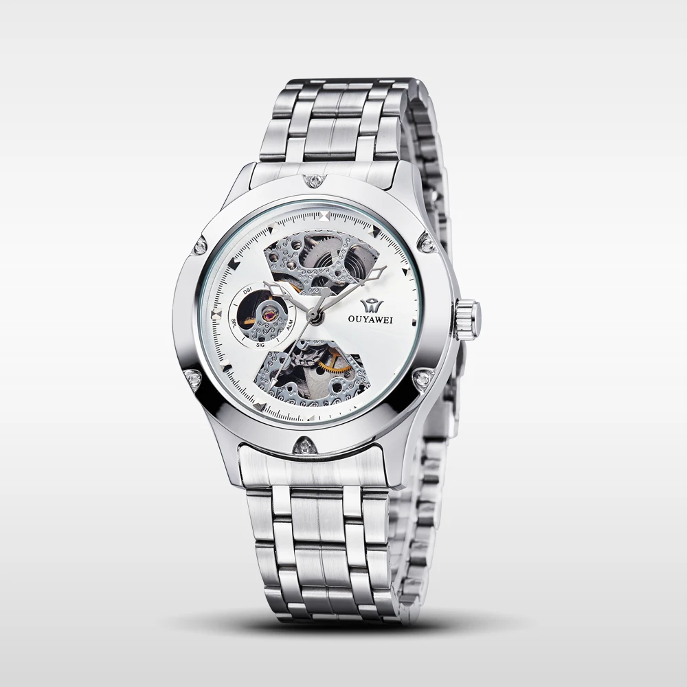 Ретро модные дизайнерские спортивные механические часы со скелетом, мужские круглые часы из нержавеющей стали с серебряным ремешком, белый циферблат, серебристый ободок, мужские часы