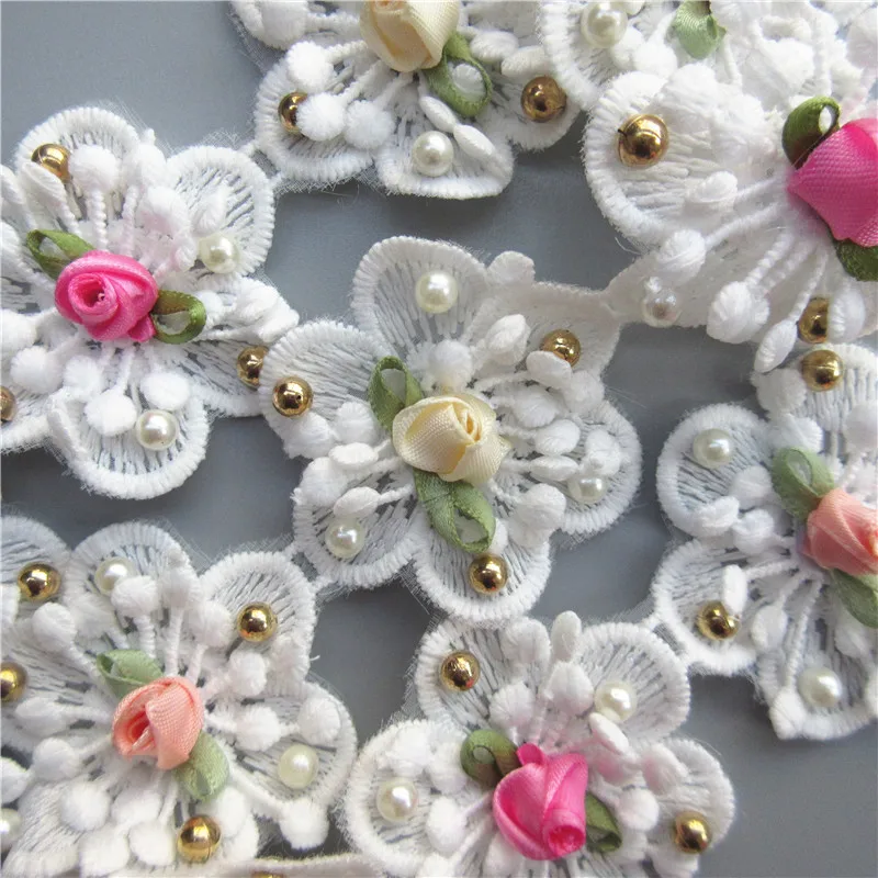 

10X White 5cmx5cm Cotton Flower Pearl Multicolor Head Embroidered Lace Trim Ribbon Sewing Supplies Craft For Apparel Decoration