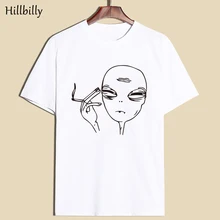 Деревенский летний короткий рукав повседневные футболки мужские хлопок белый инопланетянин сигарета курить печать забавные мужские футболки