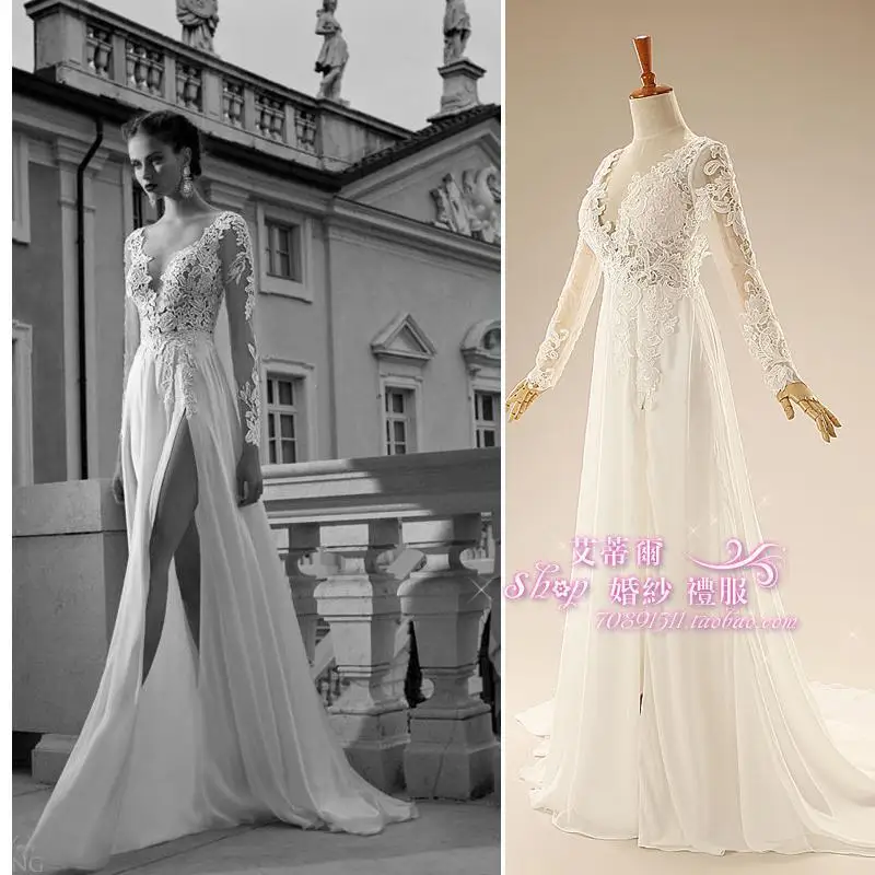 

free shipping casamento fashionable lace long sleeve v-neck hot sexy backless vestido de novia wedding Dress 2014 bridal gown