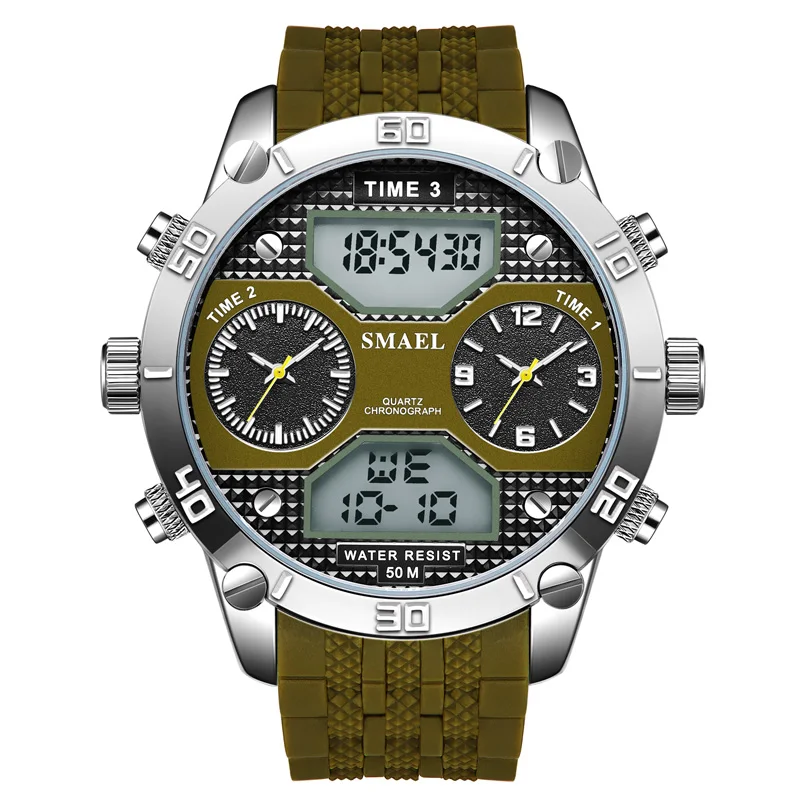 

SMAEL Watch Large Dial Men Sports Watches Dual Time Zones Dual Display Analog Digital Quartz Watches Military Watches Men 2019