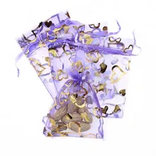 15*20 см 100 шт фиолетового золота в форме сердца, подарочный пакет для ювелирных изделий/свадьбы/рождества/дня рождения пряжи мешок с ручками упаковки органзы сумки