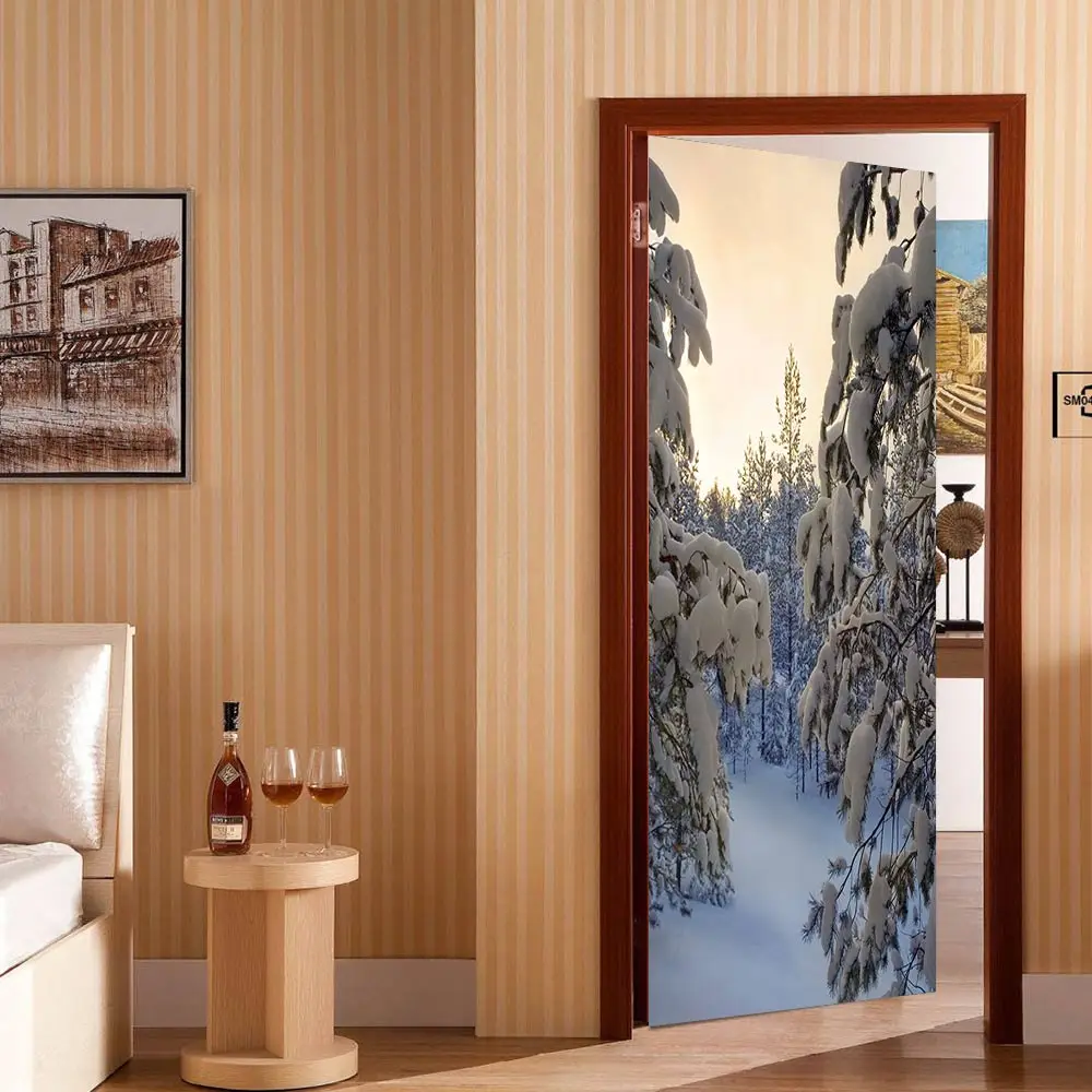 3D дверной стикер s зимний Снежный Плакат Наклейка на стену украшение для двери искусство Спальня дверь Водонепроницаемая наклейка из ПВХ Обои DIY домашний декор