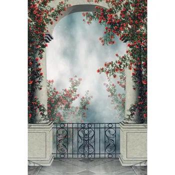 

Fairy Tale World Theme Photography Background Red Roses Black Fence White Wall Backdrop For Baby Shower Wedding Party Decortion