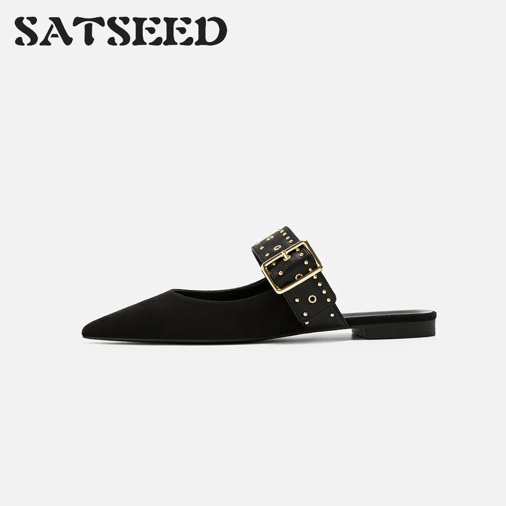 

2019 New Pointed Rivet Flat with Women's Shoes Black Back Sandals Ladies Sandals and Slippers Fashion Women's Shoes