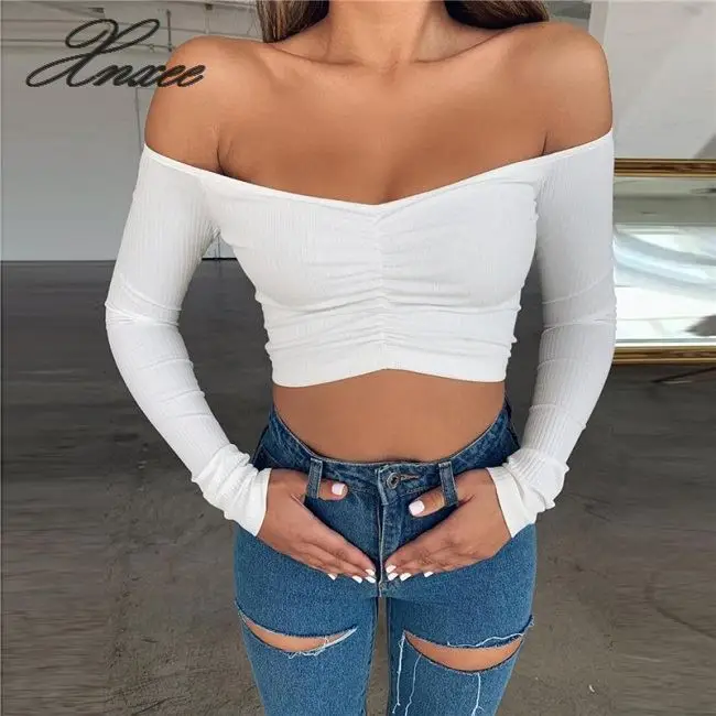 

Sweater Women Sexy Off Shoulder V-Neck Solid Drawstring Women Sweaters Knitted Jumper Tops Long Sleeve Pullover Sweater Xnxee
