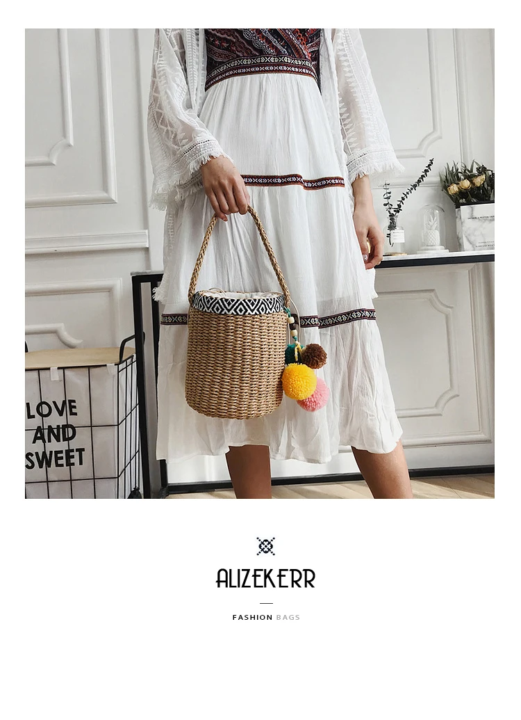 bolsa de Palha Saco Rattan Circular Feminino