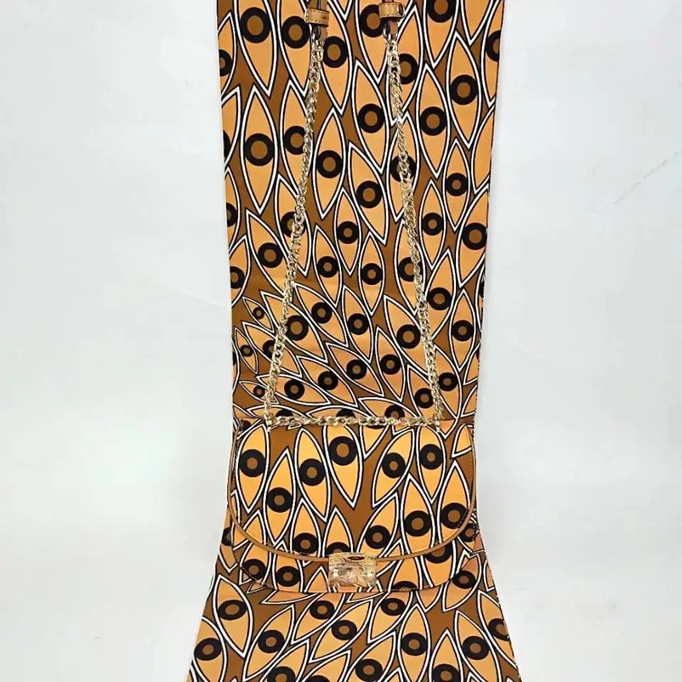 

6Yards Most popular orange background wax fabric and nice printed pattern african small handbag set for party VB37