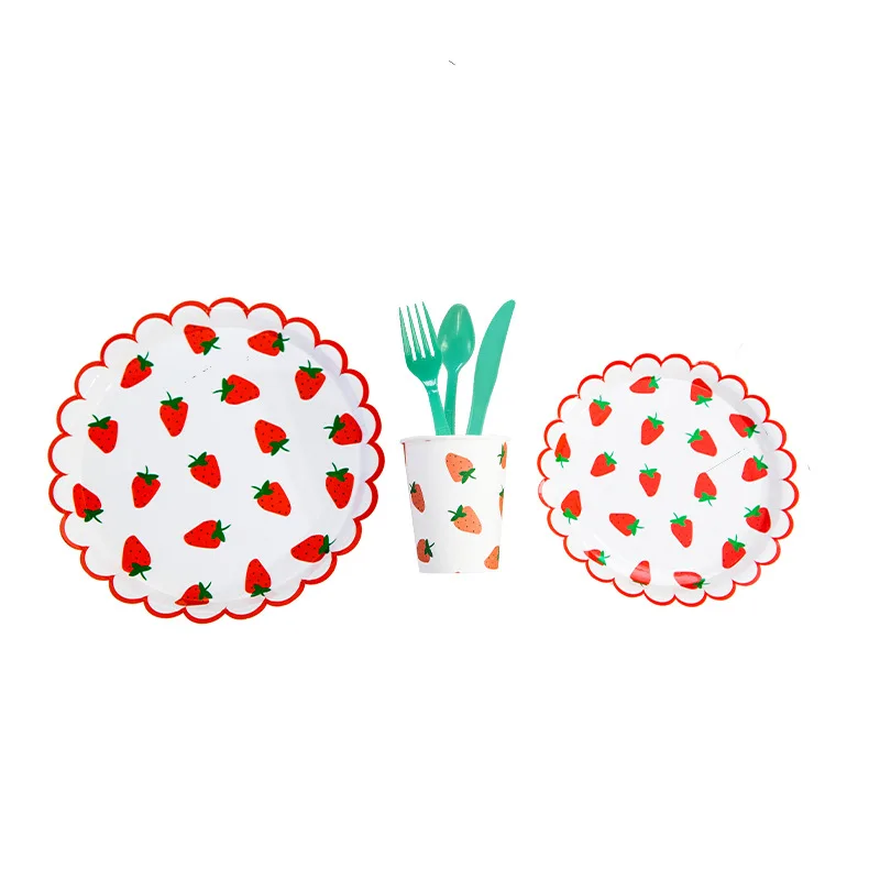 Strawberry Pattern Disposable Tableware Gold Foil Paper Plates Cups Baby Shower Birthday Party Wedding Supplies Tableware