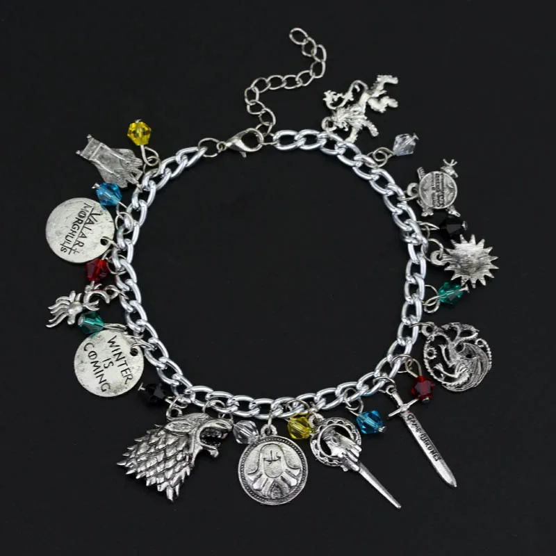 

Game of Thrones unisex charm bracelet Hand of the King Targaryen Dragon Badge Winter Is Coming wolf head gold lion punk style