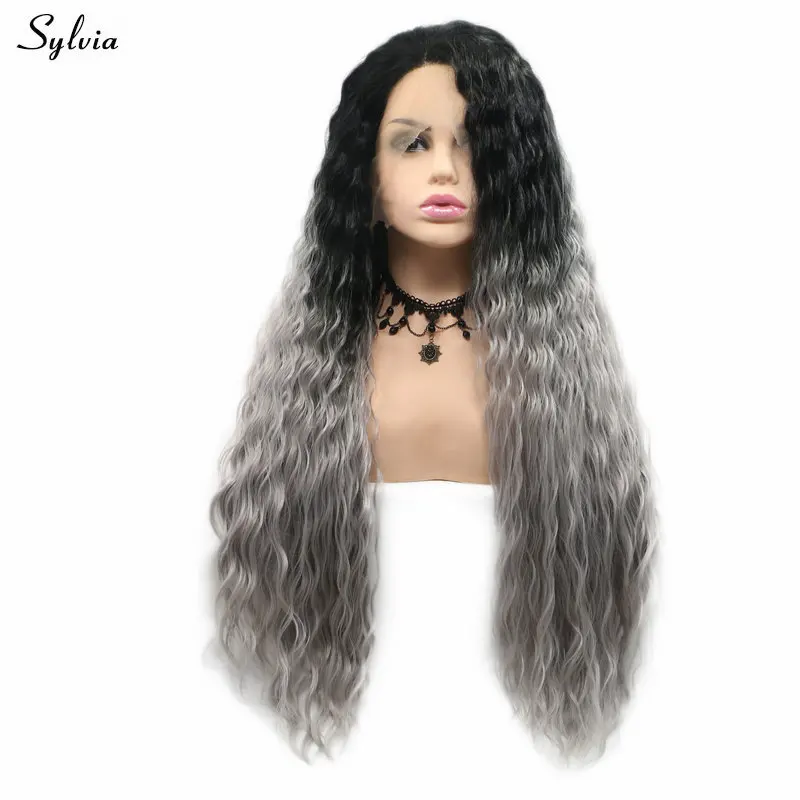 Sylvia Ombre Gray Lace Front Wigs Black Roots Side Part Long Water Wave