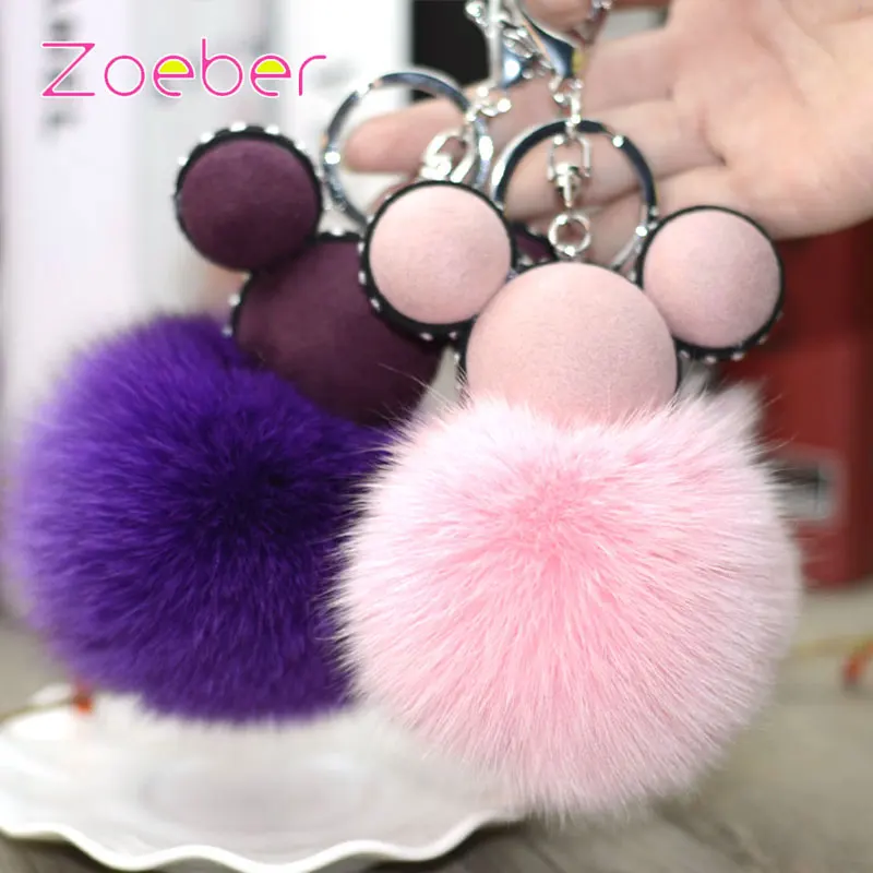 

ZOEBER Rabbit ears Fur Pompom car Keychain Women Real Fox Bunny Fur Ball Pom Pom Key Chain Key Holder Ring Bag Chaveiro