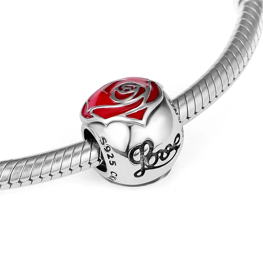 Подходит для Pandora Charms браслеты Belle Enchanted Rose Heart Beads 925 пробы 100%-серебро-ювелирные изделия Бесплатная доставка