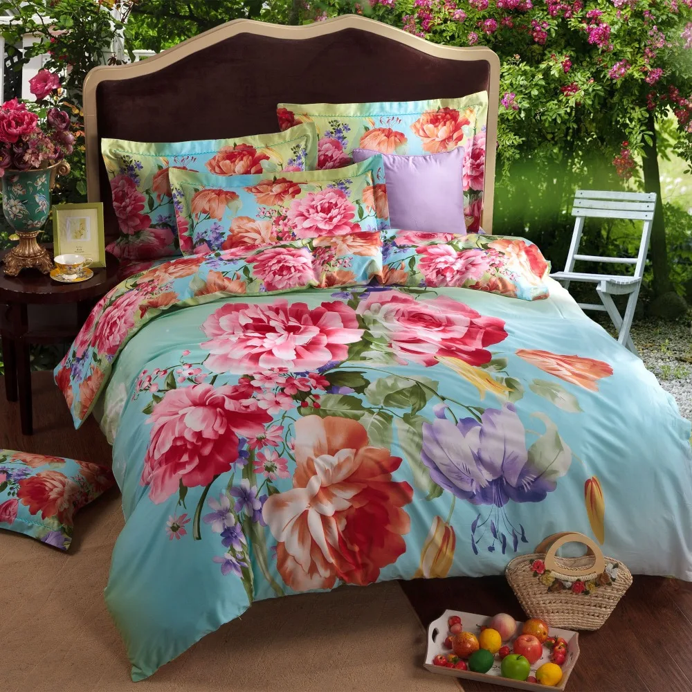 Wholesale fashion colorful big flower blue queen king size bedding sets