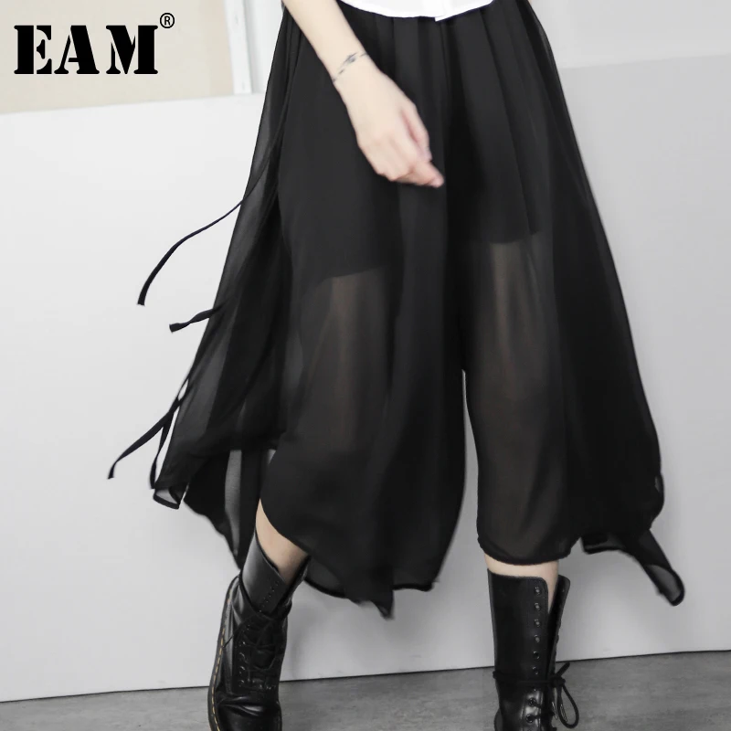 

[EAM] 2019 New Autumn Winter High Elastic Waist Bandage Personality Thin Loose Wide Leg Pants Women Trousers Fashion Tide JX608