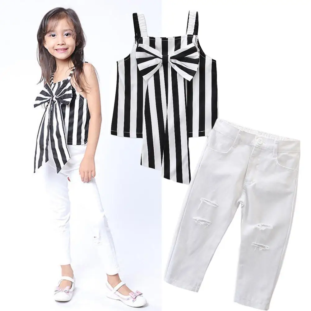 

Summer Kid Toddler Girl Clothes sets Children Baby Girls Clothing suits Short Sleeve strip Tops+white Pant 2PCS Clothes suit