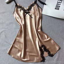 Women Imitation Silk Sleepshirt Sexy Nightdress Lace Camisole Large Size Sleepwear V-neck Summer Homewear Silky Nightgown XL XXL