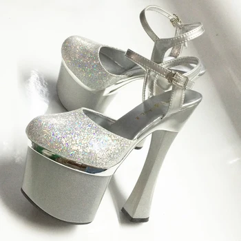 

2019 New Wedding Shoes Women Sandals Silver Bride Sequined High Heels 18CM Platform Women Sandals Sexy Female Pole Dancing Shoes