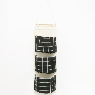Креативные льняные хлопковые Водонепроницаемые Три кармана для хранения настенные Висячие мешочки сумки для хранения дома Декор - Цвет: Black grid