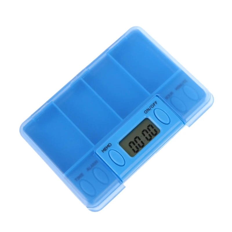 Multi-Alarm 8 Times Timer 4 Grids Medicine Box Reminder Storage Pills Case - Color: Blue