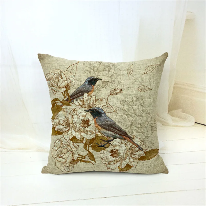 2015 New Linen Cushion Birds Printed 43x43cm For Sofa Decorative Cotton