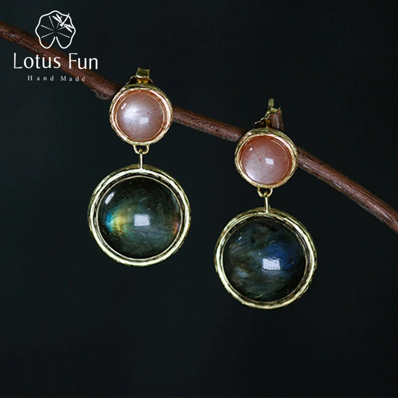 

Lotus Fun Real 925 Sterling Silver Natural Labradorite Handmade Fine Jewelry Mysterious Lake Dangle Earrings for Women Brincos