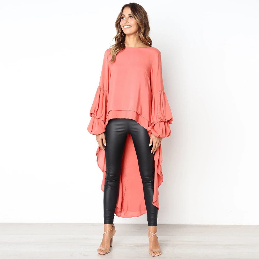 

YJSFG HOUSE Hot Womens Long Elegant Blouse Puff Sleeve Baggy Asymmetric Chiffon Blouse lantern Long Tops Ladies Party Shirts
