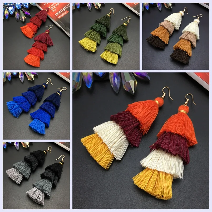 MANILAI Bohemia 4 Layered Tassel Earrings Dangle Earrings Fashion Jewelry Multi color Statement Fringe Long Earring For Women