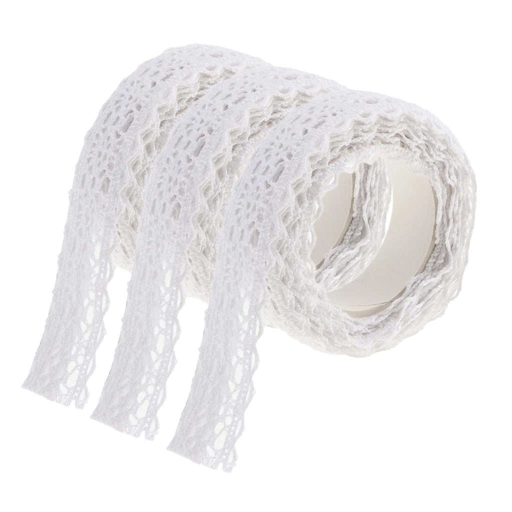 3 Rolls of 2 Meters Cotton Lace Washi Tape Self Adhesive Sticker for DIY Diary Scrapbook Album Card Making Decoration 15mm