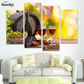 

4 Panel Painting Canvas Prints Grape Wine Glass Bottle Wall Art Picture Home Decoration for Kitchen Dining Room Unframed